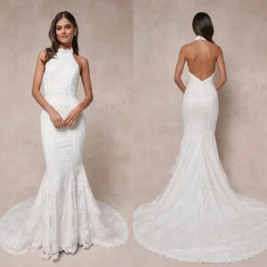 Lulus Dreamy Glamour White Embroidered Halter Mermaid Maxi Dress Wedding Bride
